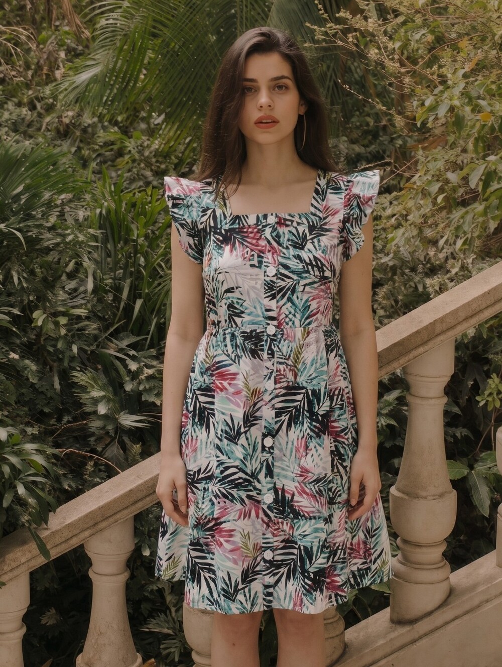 Beach Lunch Lounge Womens Linen Green Tropical Dress Button Sz L